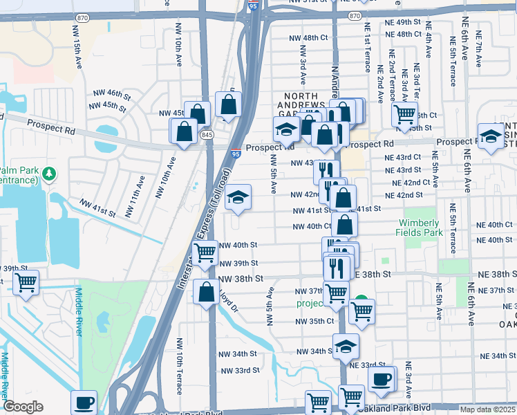 map of restaurants, bars, coffee shops, grocery stores, and more near 698 Northwest 42nd Street in Fort Lauderdale