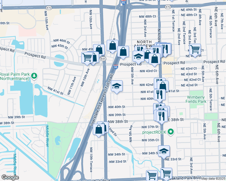 map of restaurants, bars, coffee shops, grocery stores, and more near 788 Northwest 42nd Street in Oakland Park