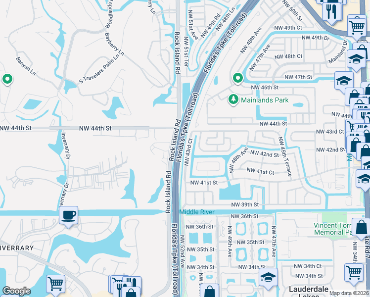 map of restaurants, bars, coffee shops, grocery stores, and more near 4220 Northwest 52nd Avenue in Lauderdale Lakes