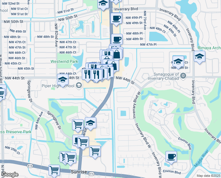 map of restaurants, bars, coffee shops, grocery stores, and more near 4466 North University Drive in Lauderhill