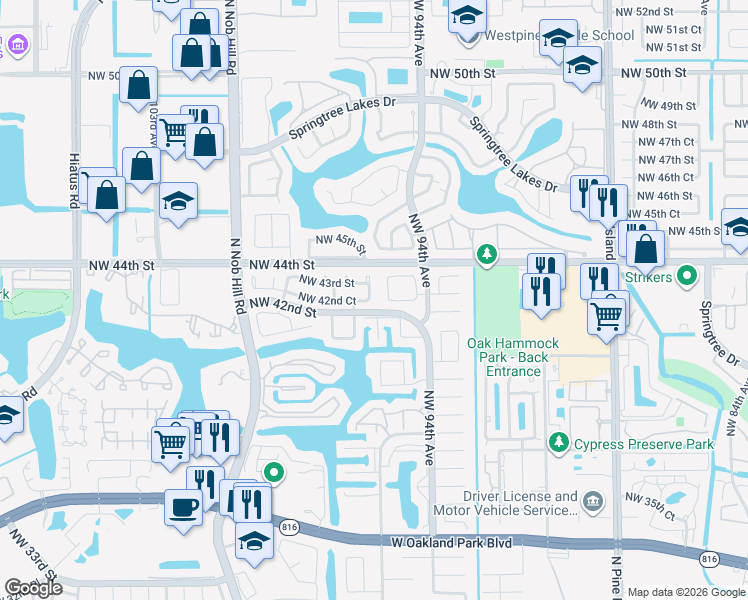 map of restaurants, bars, coffee shops, grocery stores, and more near 9580 Northwest 43rd Street in Sunrise