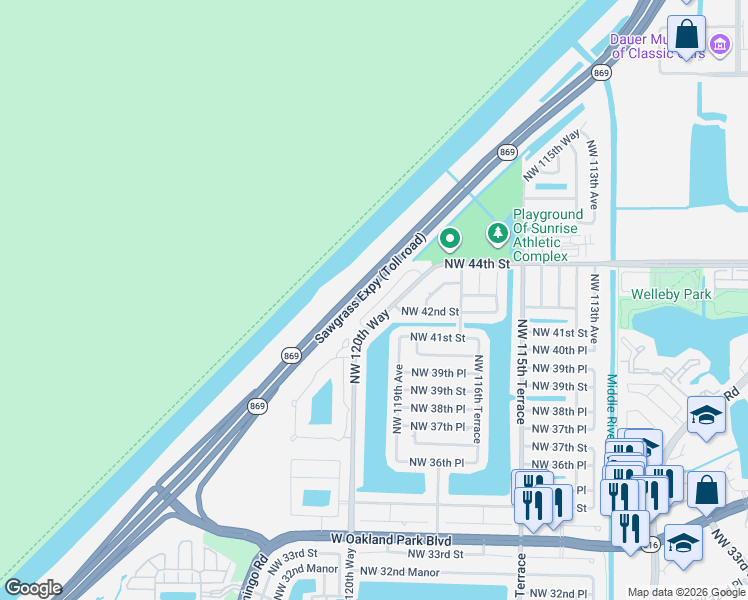 map of restaurants, bars, coffee shops, grocery stores, and more near 4265 Northwest 120th Lane in Sunrise