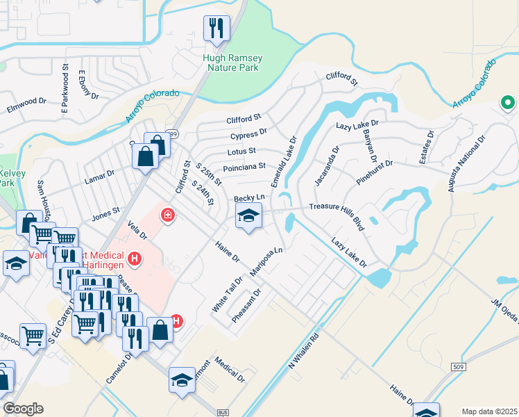 map of restaurants, bars, coffee shops, grocery stores, and more near 2814 Becky Lane in Harlingen