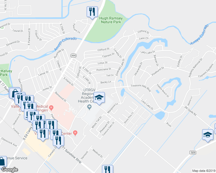 map of restaurants, bars, coffee shops, grocery stores, and more near 2814 Becky Lane in Harlingen