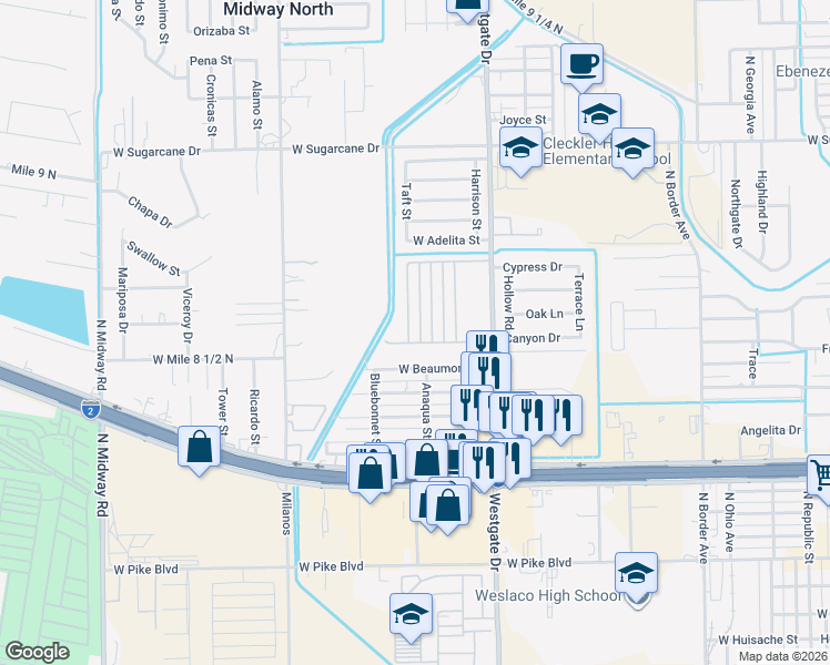 map of restaurants, bars, coffee shops, grocery stores, and more near 1800 Taft Street in Weslaco
