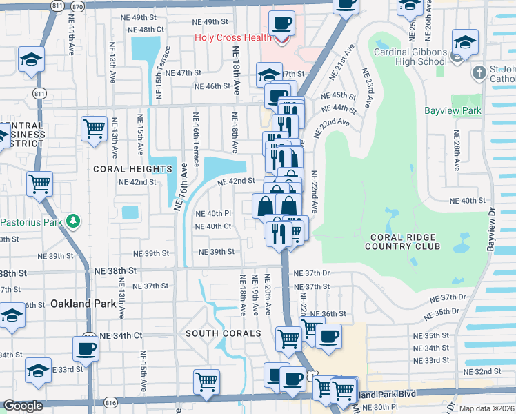 map of restaurants, bars, coffee shops, grocery stores, and more near 1910 Northeast 41st Street in Oakland Park