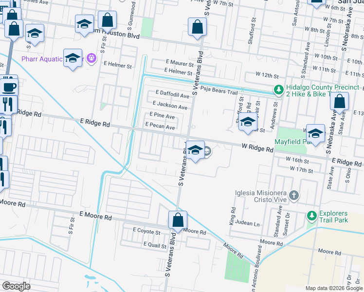 map of restaurants, bars, coffee shops, grocery stores, and more near 1304 South Veterans Boulevard in Pharr