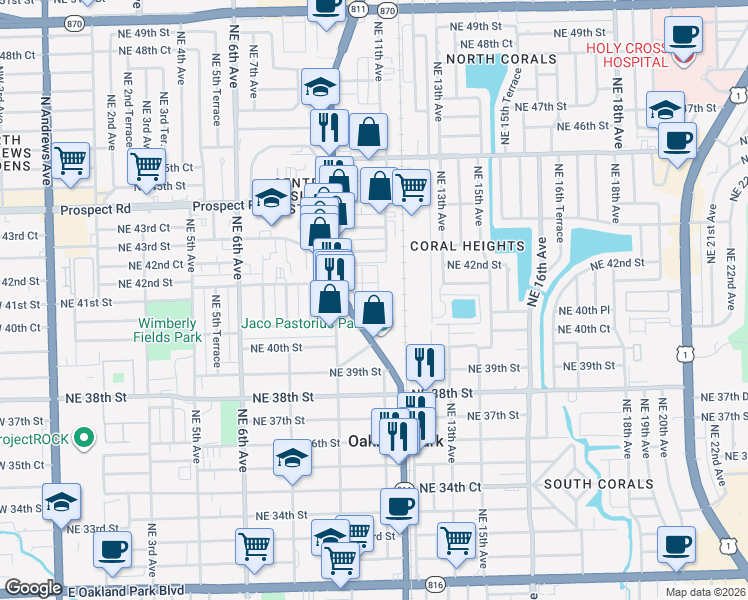 map of restaurants, bars, coffee shops, grocery stores, and more near 4222 North Dixie Highway in Oakland Park