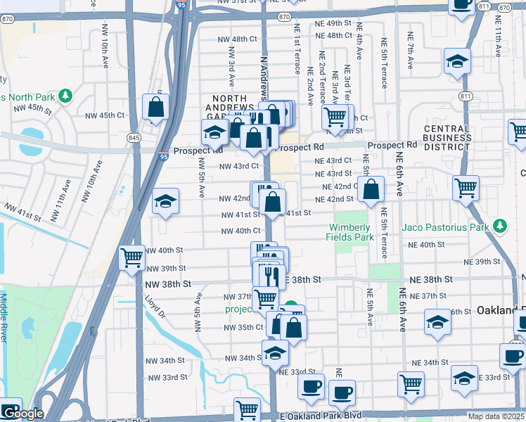 map of restaurants, bars, coffee shops, grocery stores, and more near 95 Northeast 41st Street in Oakland Park