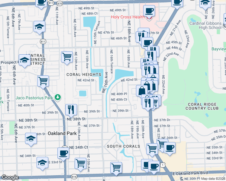 map of restaurants, bars, coffee shops, grocery stores, and more near 4060 Northeast 16th Avenue in Oakland Park