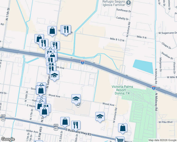 map of restaurants, bars, coffee shops, grocery stores, and more near 2069 North Avenue in Donna