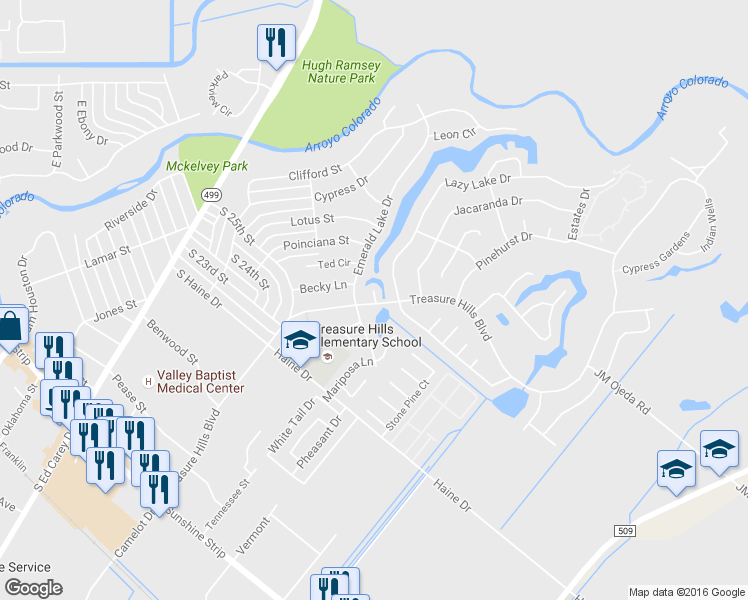 map of restaurants, bars, coffee shops, grocery stores, and more near 2403 Treasure Hills Court in Harlingen
