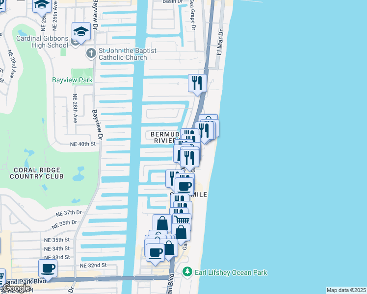 map of restaurants, bars, coffee shops, grocery stores, and more near 4015 Northeast 34th Avenue in Fort Lauderdale