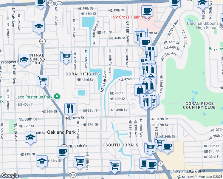 map of restaurants, bars, coffee shops, grocery stores, and more near 4060 Northeast 16th Avenue in Oakland Park