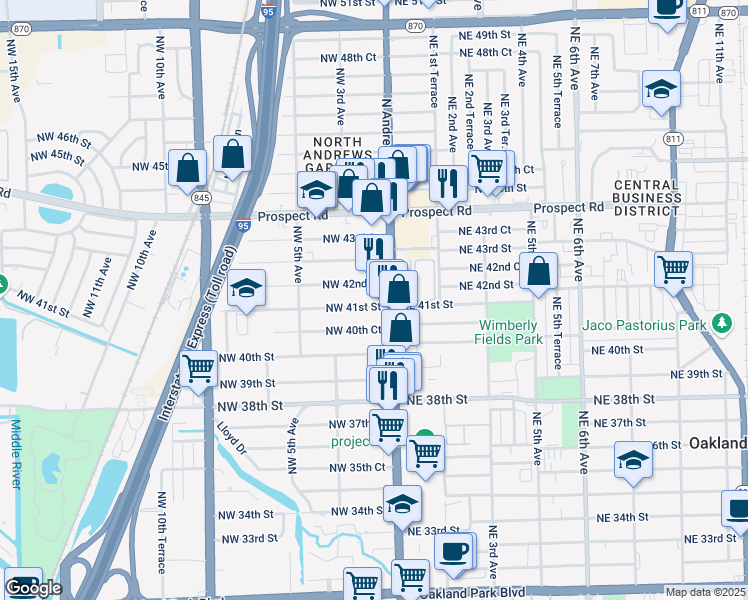 map of restaurants, bars, coffee shops, grocery stores, and more near 150 Northwest 42nd Street in Oakland Park