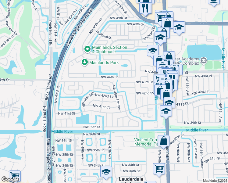 map of restaurants, bars, coffee shops, grocery stores, and more near 4300 Northwest 46th Terrace in Lauderdale Lakes
