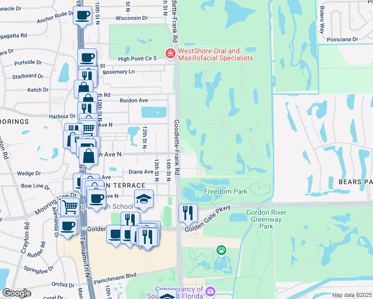 map of restaurants, bars, coffee shops, grocery stores, and more near 2626 Goodlette-Frank Road in Naples