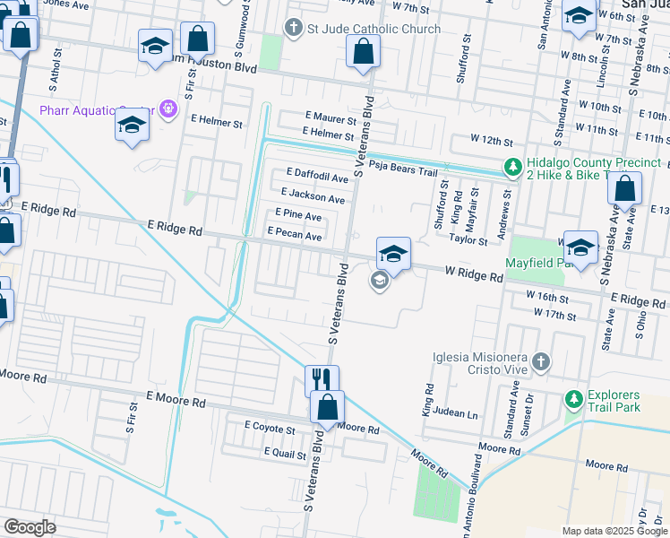 map of restaurants, bars, coffee shops, grocery stores, and more near 1304 South Veterans Boulevard in Pharr