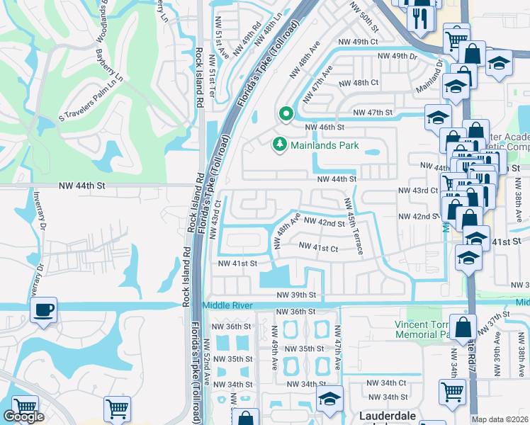 map of restaurants, bars, coffee shops, grocery stores, and more near 4230 Northwest 49th Terrace in Lauderdale Lakes