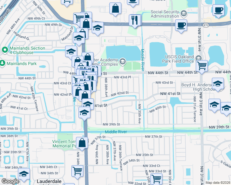 map of restaurants, bars, coffee shops, grocery stores, and more near 4201 Northwest 36th Way in Lauderdale Lakes