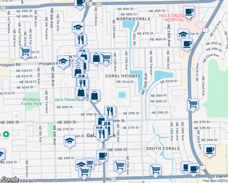 map of restaurants, bars, coffee shops, grocery stores, and more near 120 Northeast 40th Drive in Oakland Park
