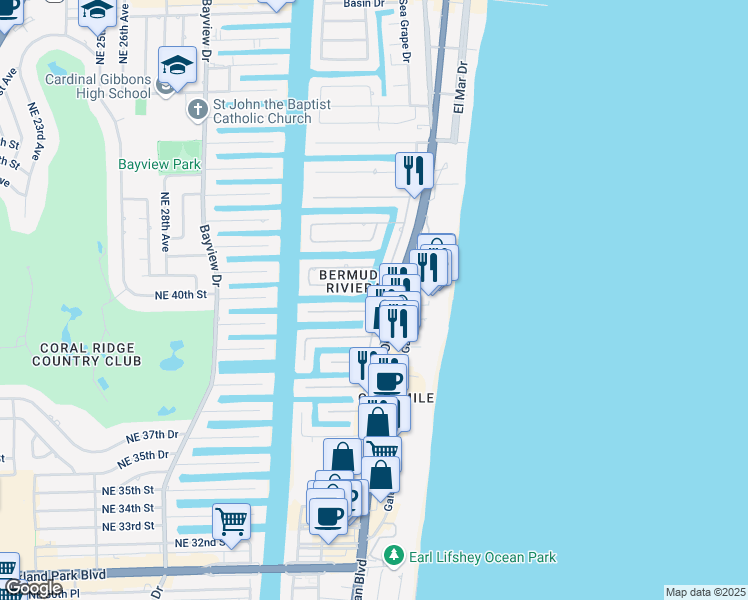 map of restaurants, bars, coffee shops, grocery stores, and more near 4015 Northeast 34th Avenue in Fort Lauderdale