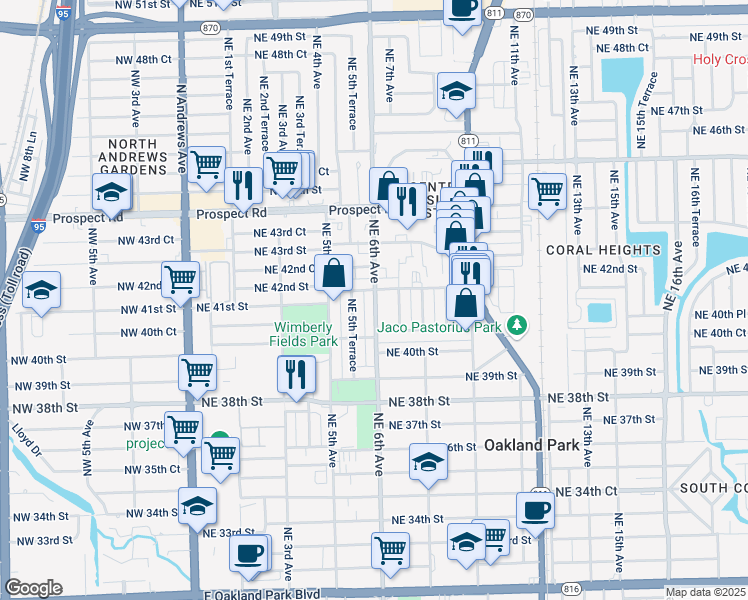 map of restaurants, bars, coffee shops, grocery stores, and more near 4131 Northeast 6th Avenue in Oakland Park