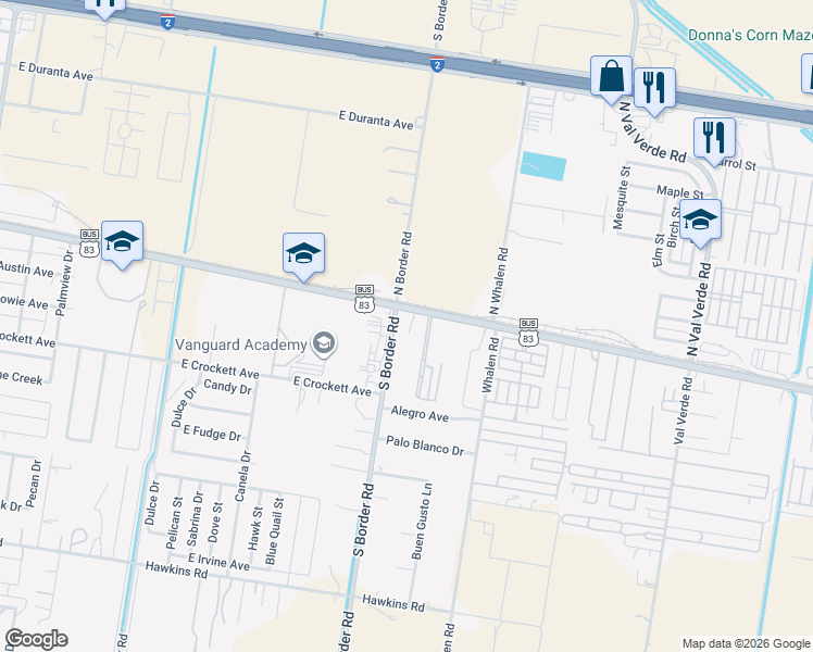 map of restaurants, bars, coffee shops, grocery stores, and more near 89 East Business 83 in Alamo
