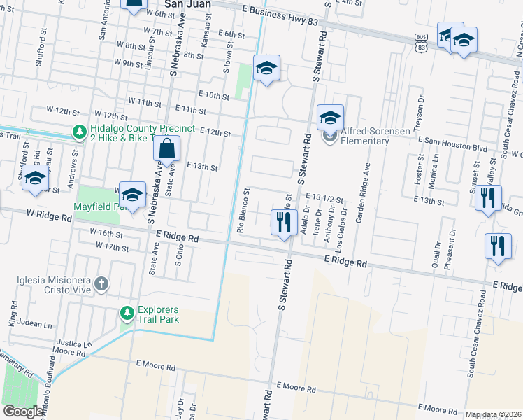 map of restaurants, bars, coffee shops, grocery stores, and more near 1323 Rio Comal Circle in San Juan
