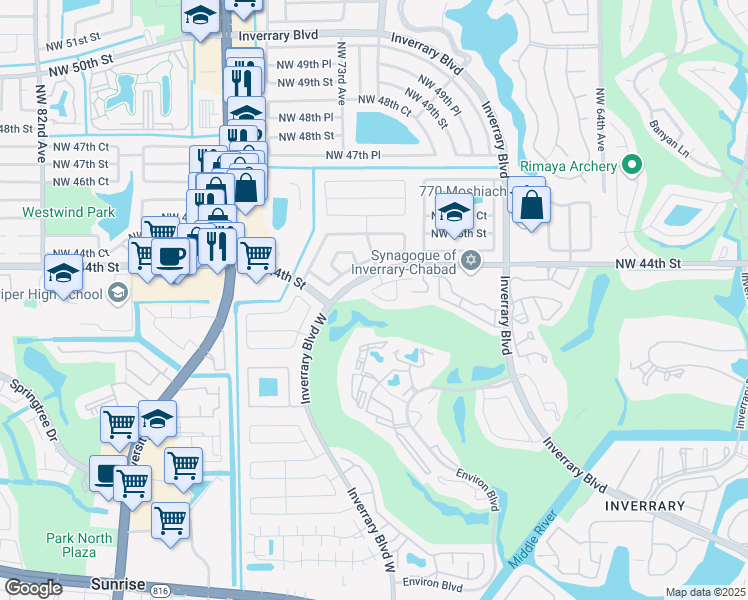 map of restaurants, bars, coffee shops, grocery stores, and more near 7250 Sienna Ridge Drive in Lauderhill