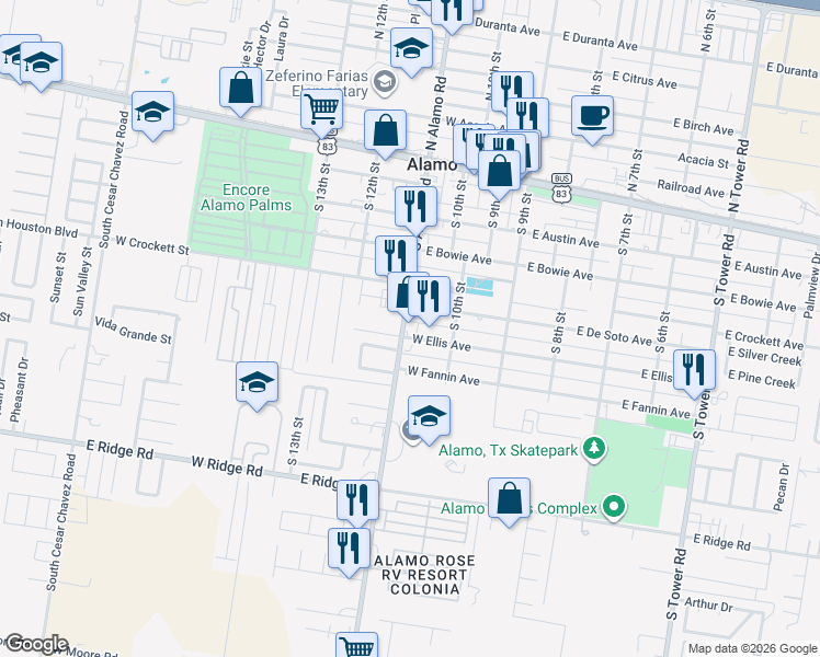 map of restaurants, bars, coffee shops, grocery stores, and more near 1042 Ellis Avenue in Alamo