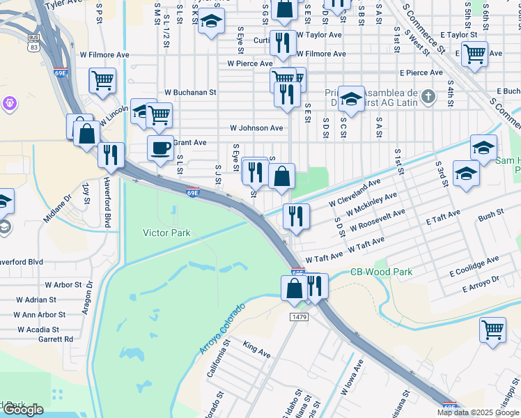 map of restaurants, bars, coffee shops, grocery stores, and more near 1525 South H Street in Harlingen