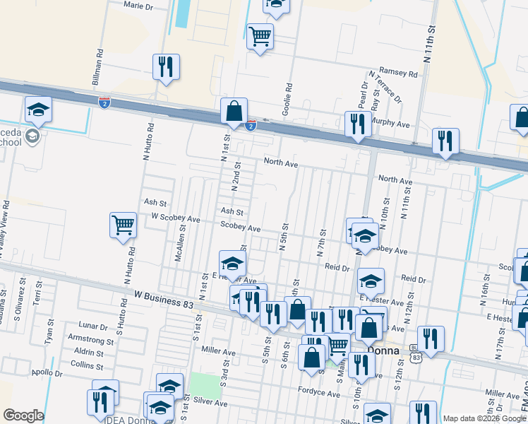 map of restaurants, bars, coffee shops, grocery stores, and more near 412 North 3rd Street in Donna