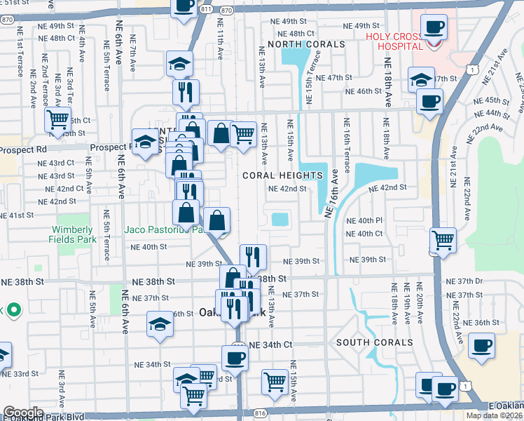 map of restaurants, bars, coffee shops, grocery stores, and more near 120 Northeast 40th Drive in Oakland Park
