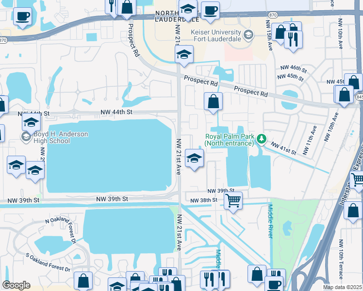 map of restaurants, bars, coffee shops, grocery stores, and more near 4180 Northwest 21st Avenue in Oakland Park