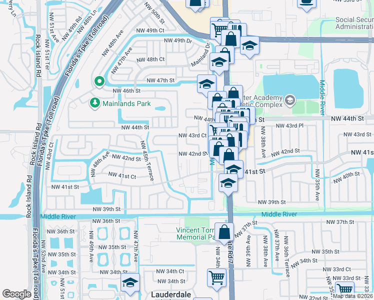 map of restaurants, bars, coffee shops, grocery stores, and more near 4230 Northwest 43rd Street in Lauderdale Lakes