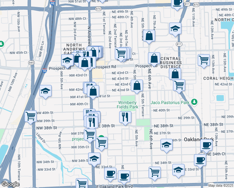 map of restaurants, bars, coffee shops, grocery stores, and more near 240 Northeast 42nd Street in Oakland Park