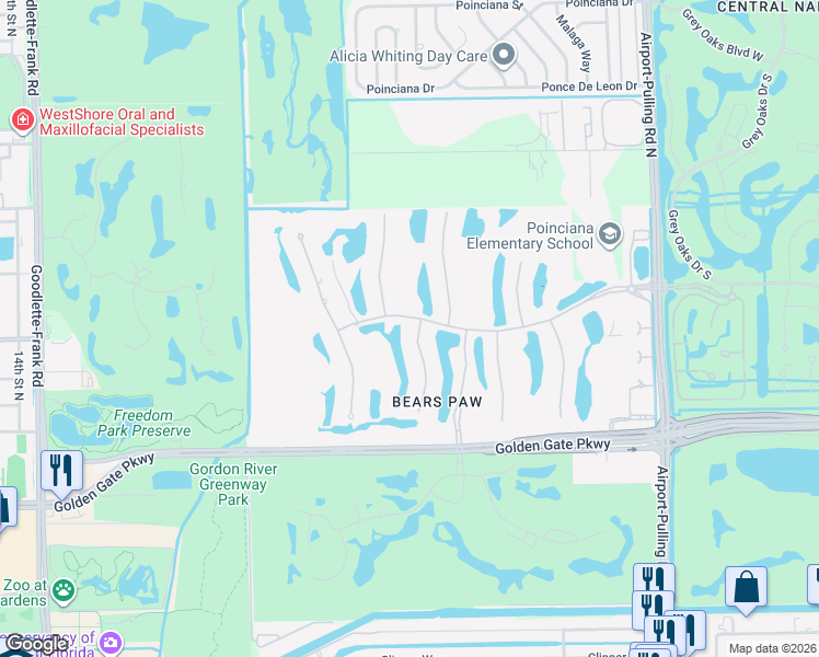 map of restaurants, bars, coffee shops, grocery stores, and more near 1399 Great Egret Trail in Naples