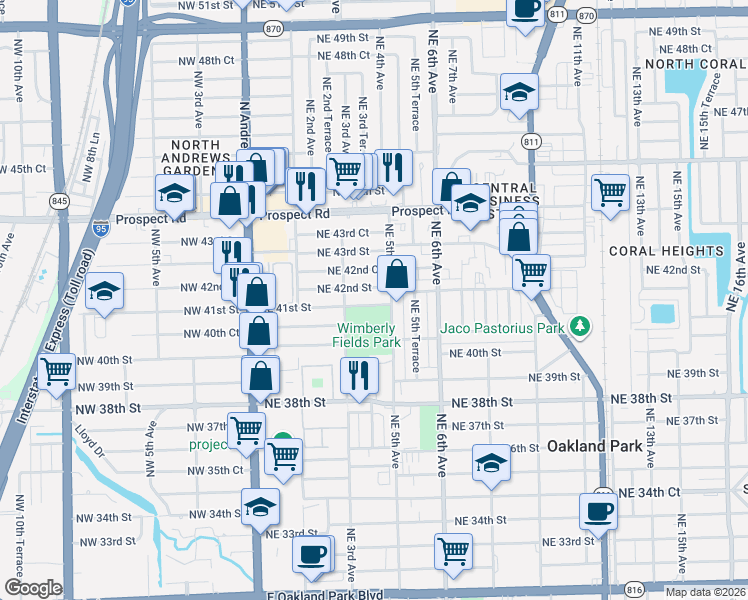 map of restaurants, bars, coffee shops, grocery stores, and more near 331 Northeast 41st Street in Oakland Park