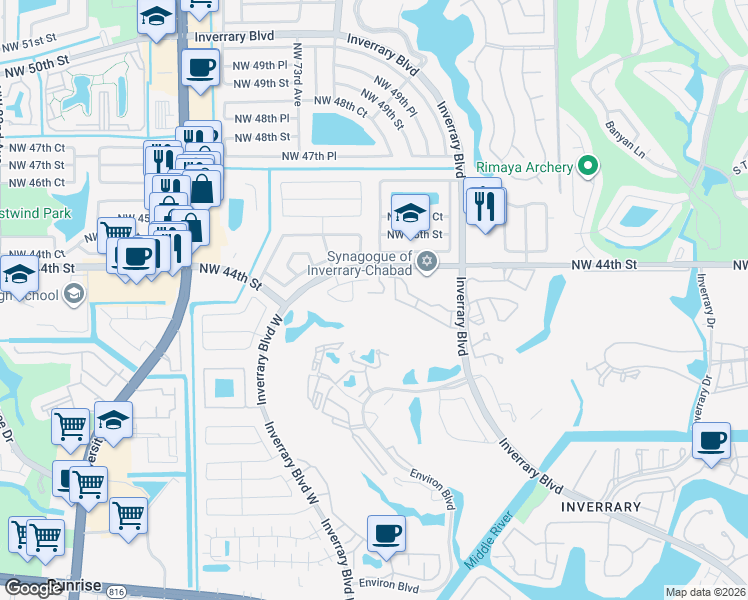 map of restaurants, bars, coffee shops, grocery stores, and more near 7050 Northwest 44th Street in Lauderhill