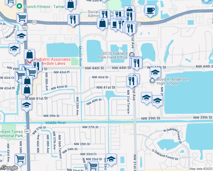 map of restaurants, bars, coffee shops, grocery stores, and more near 3279 Northwest 41st Street in Lauderdale Lakes
