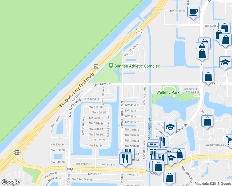 map of restaurants, bars, coffee shops, grocery stores, and more near 4300 Northwest 116th Avenue in Sunrise