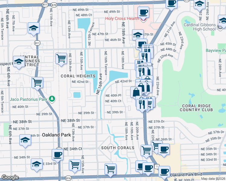 map of restaurants, bars, coffee shops, grocery stores, and more near 4040 Northeast 17th Avenue in Oakland Park