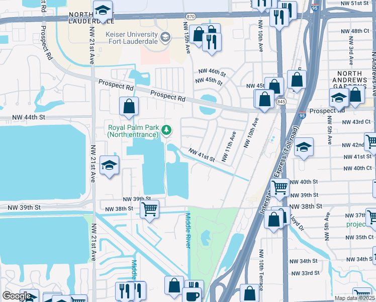 map of restaurants, bars, coffee shops, grocery stores, and more near 1500 Northwest 41st Street in Fort Lauderdale
