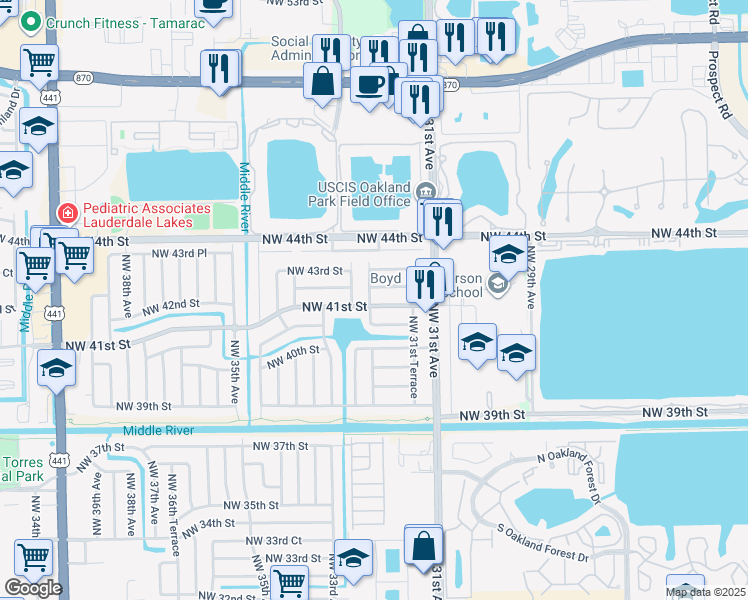 map of restaurants, bars, coffee shops, grocery stores, and more near 3199 Northwest 41st Street in Fort Lauderdale