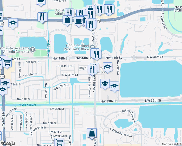 map of restaurants, bars, coffee shops, grocery stores, and more near 3131 Northwest 41st Street in Fort Lauderdale