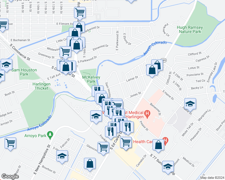 map of restaurants, bars, coffee shops, grocery stores, and more near 1612 Sam Houston Drive in Harlingen
