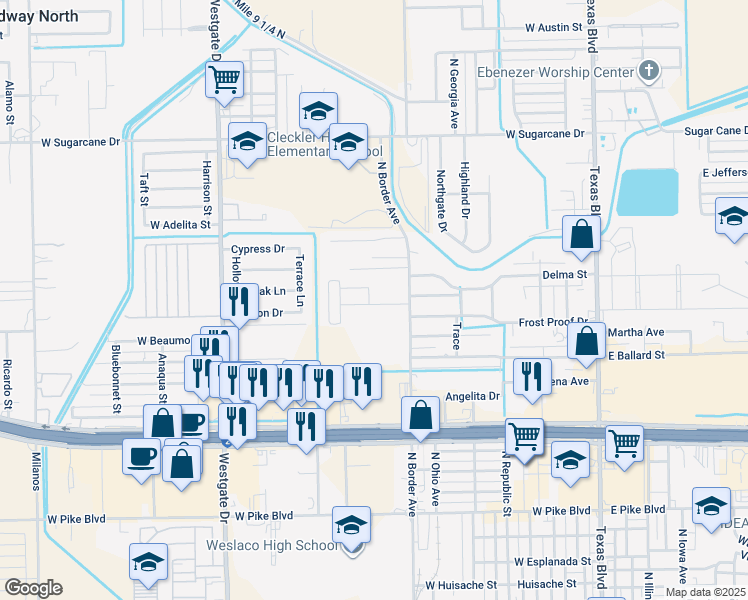 map of restaurants, bars, coffee shops, grocery stores, and more near 1010 Lilia Drive in Weslaco