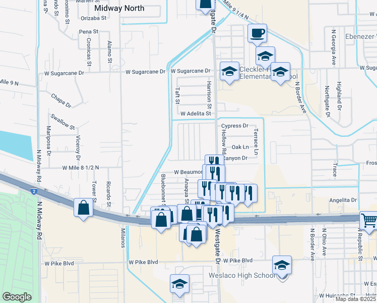 map of restaurants, bars, coffee shops, grocery stores, and more near 1800 Taft Street in Weslaco