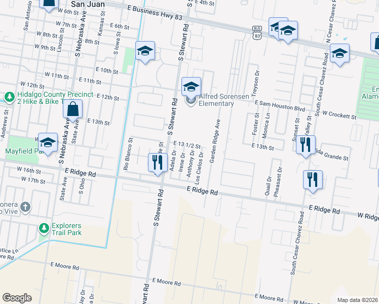 map of restaurants, bars, coffee shops, grocery stores, and more near 1304 Anthony Drive in San Juan